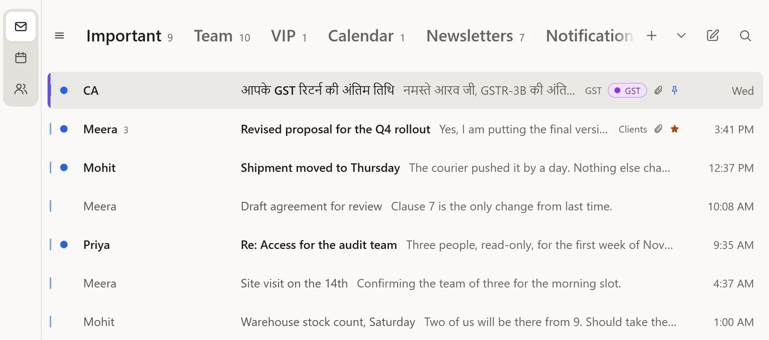 The Comsky Mail inbox: a tab row reading Important, Team, VIP, Calendar and Newsletters, each with a count, above seven conversations — a GST return notice written in Hindi, a revised proposal, a delayed shipment, a draft agreement and a request for audit access.