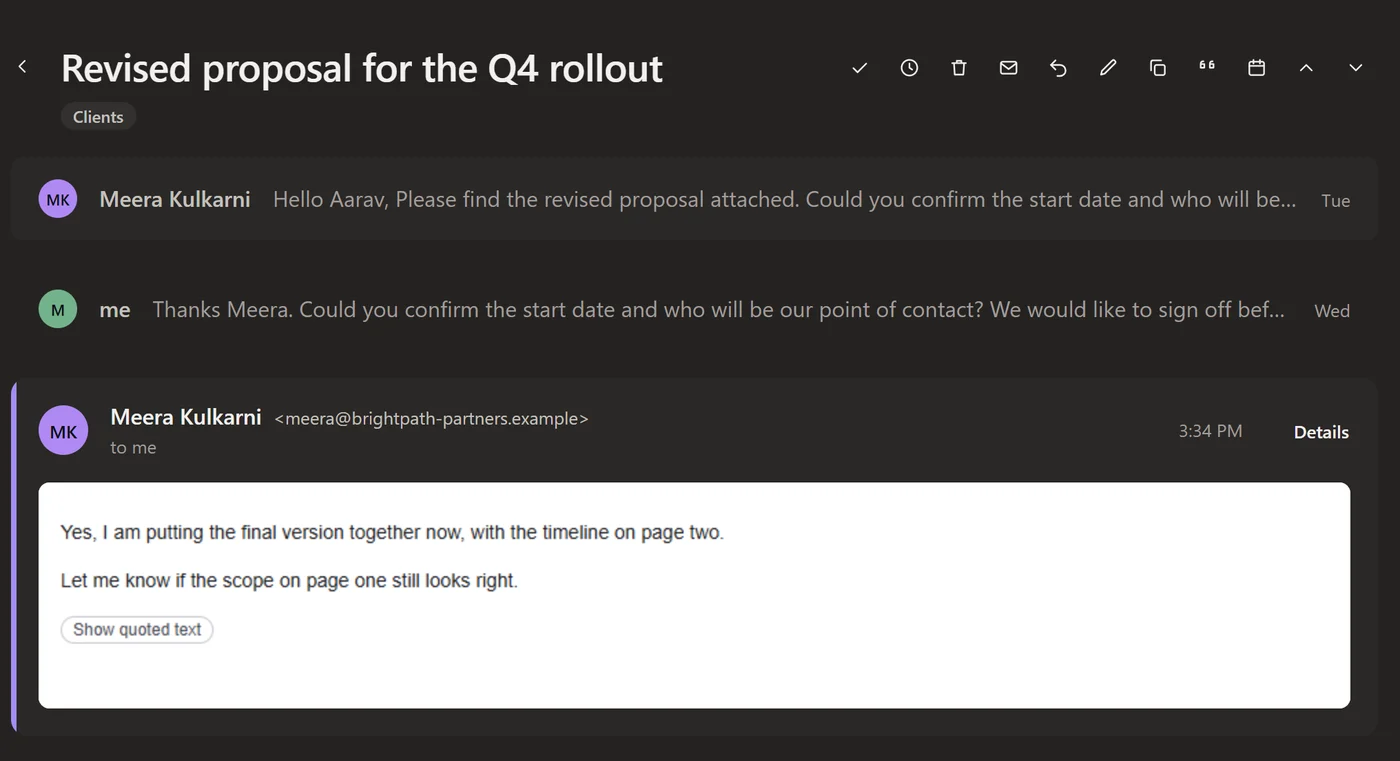 An open thread titled Revised proposal for the Q4 rollout: three messages between a supplier and the reader, the newest one expanded and the two older ones collapsed to a line each.